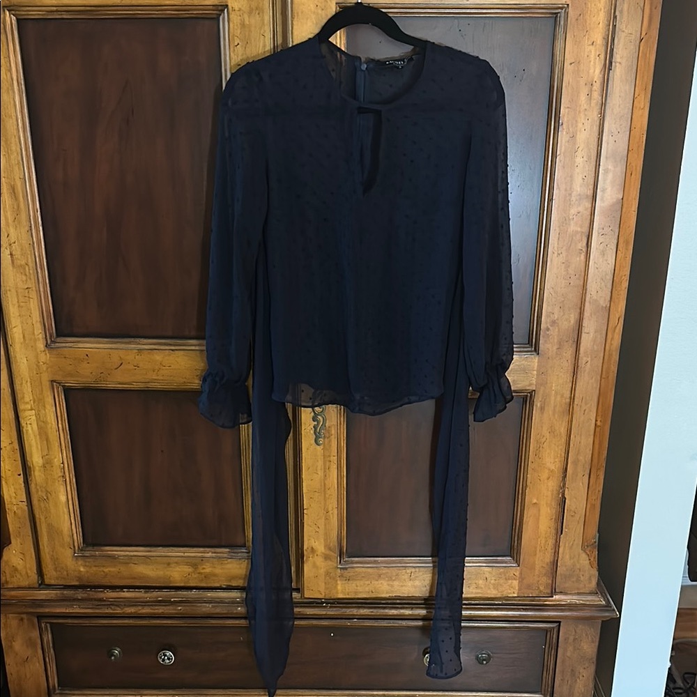 RACHEL Rachel Roy Sheer Navy Tie-Neck Blouse